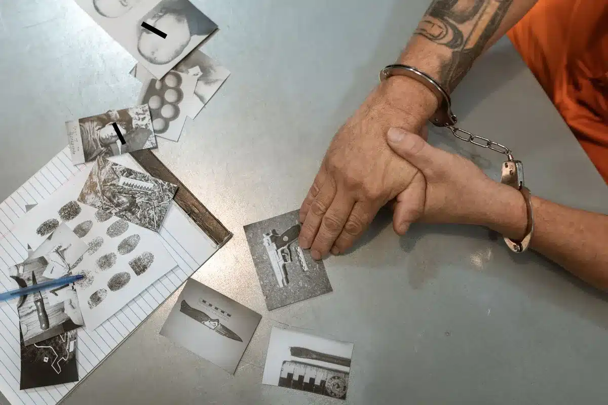 Detectives examining evidence and documents at a crime scene desk