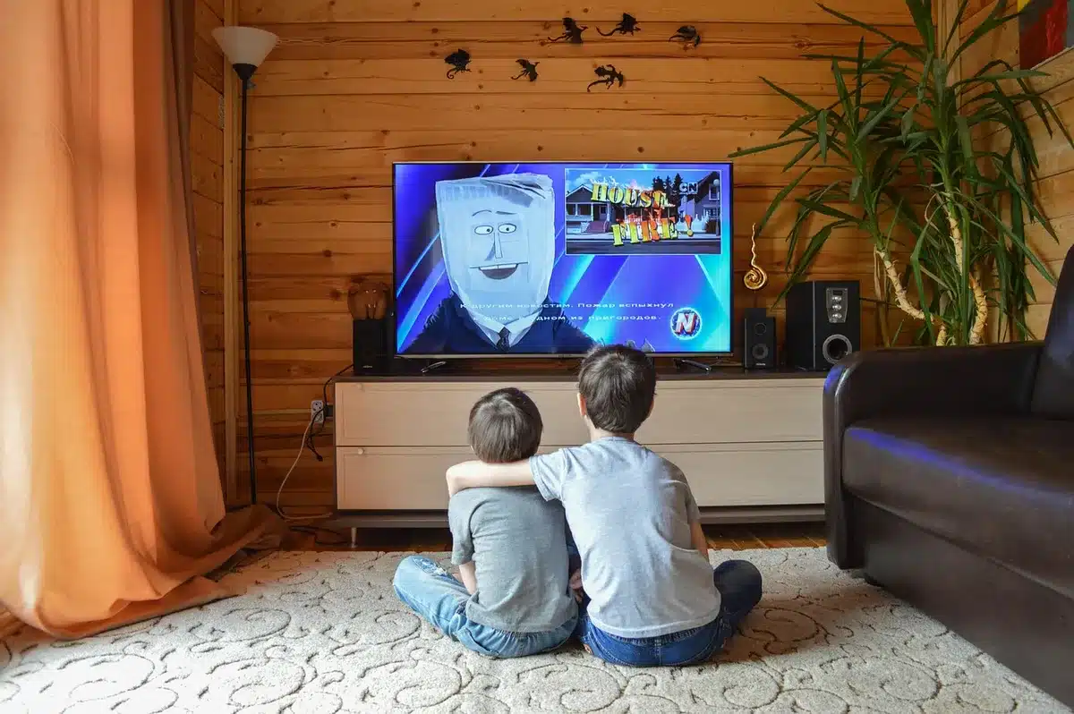 Person watching classic animated series on a TV in a dim living room
