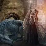 Snow-dusted castle courtyard with cloaked figures and torchlight