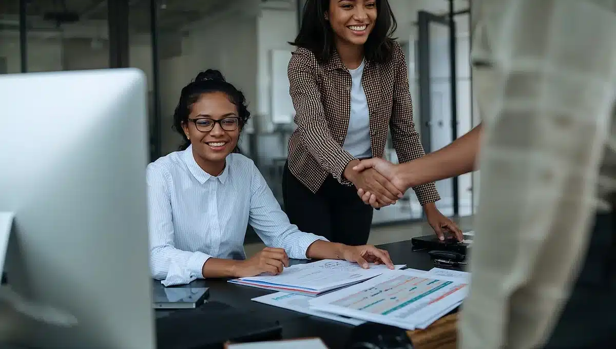 Two anonymous hands exchanging a contract in a modern office with game art blurred